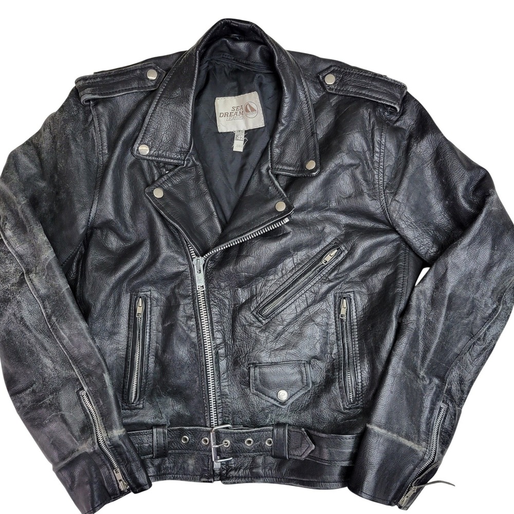 Sea Dream Leather Mens Biker Jacket Black Distressed Moto Belted 105 Z Size 42